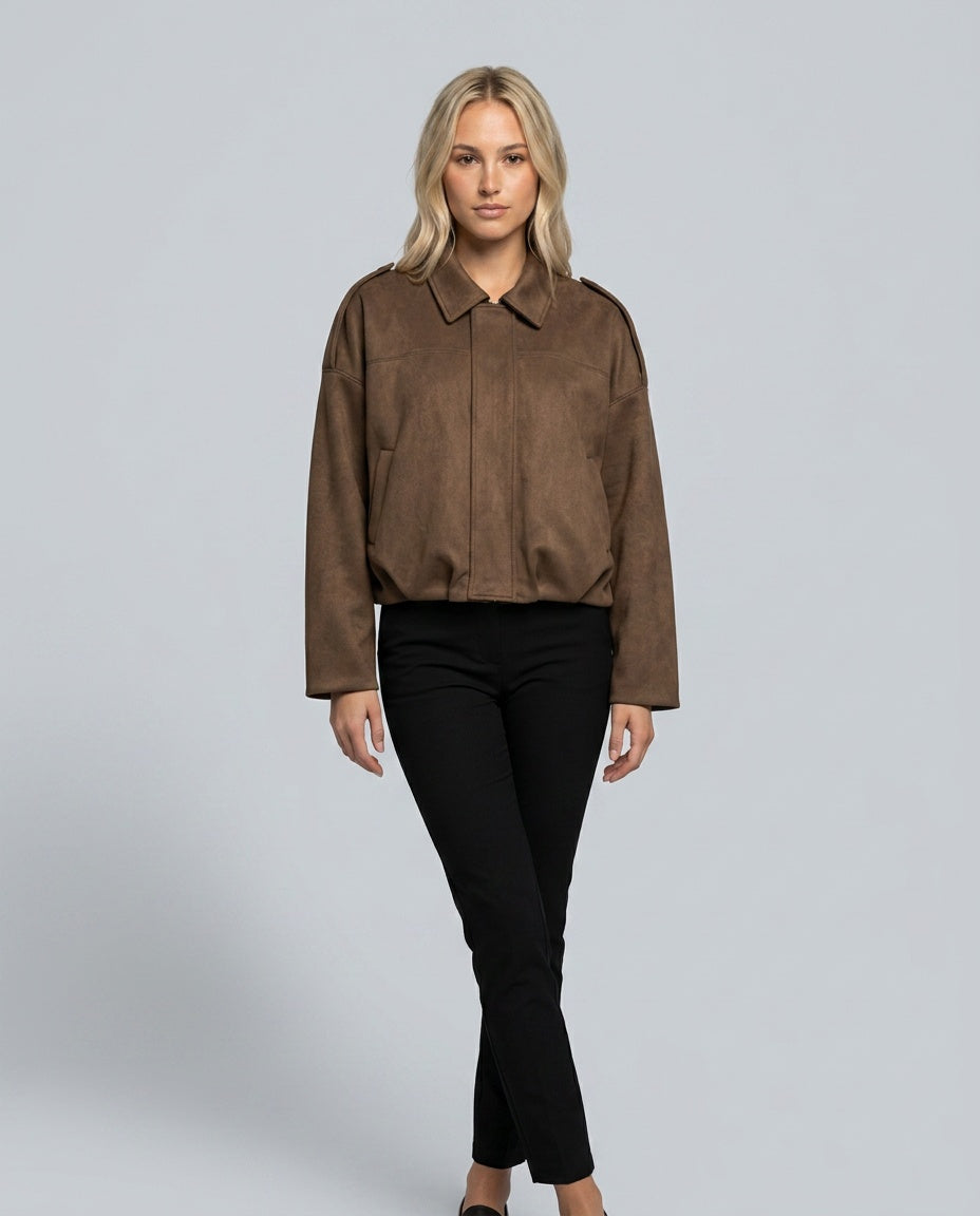 Quinn | Long Sleeve Faux Suede Bomber Jacket
