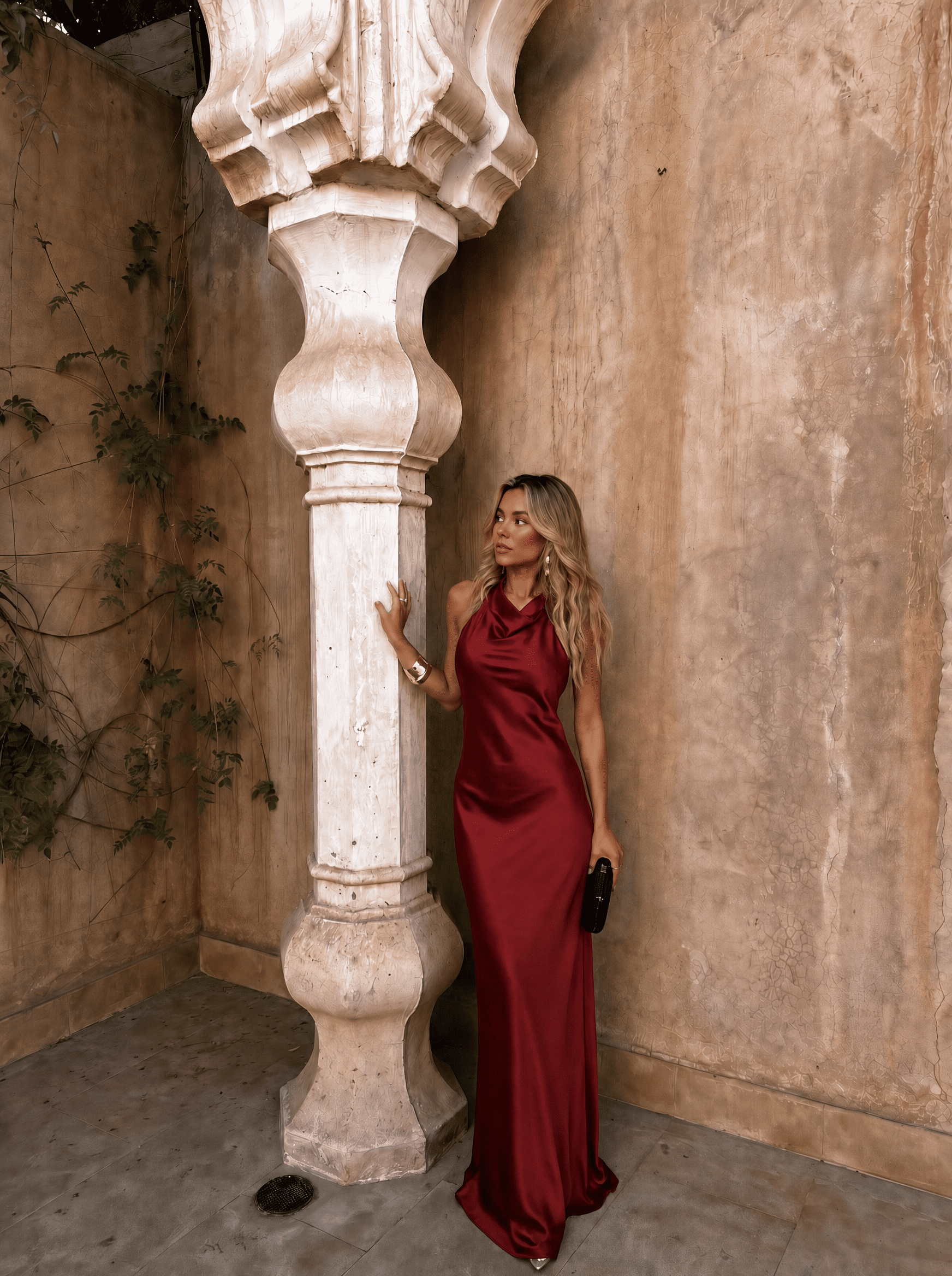 Rania | Draped Neckline Satin-Look Maxi Dress