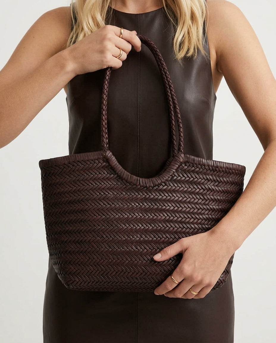 Hand-Woven Vegan Leather Tote Bag with Shoulder Strap