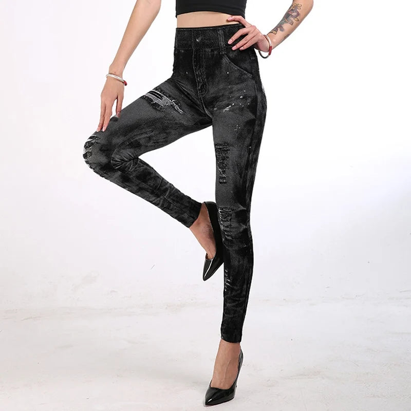 Leticia | High Waisted Denim-Look Stretch Leggings