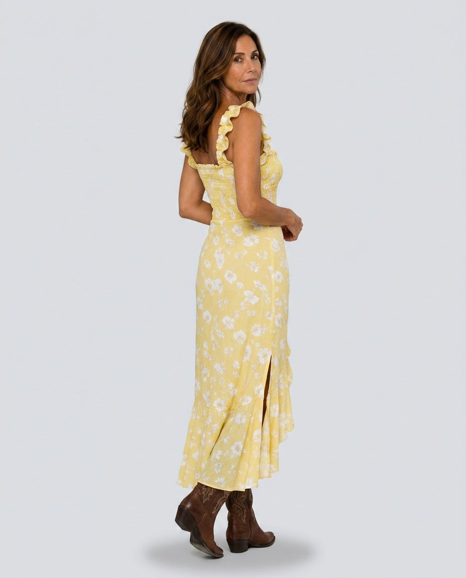 Belen | Boho Floral Ruched Side Slit Maxi Dress
