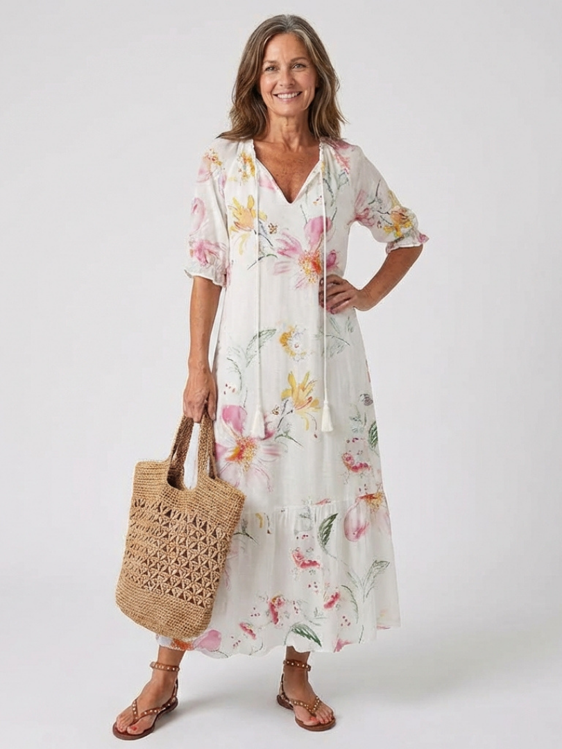 Luma | Floral V-Neck Short Sleeve Midi Dress