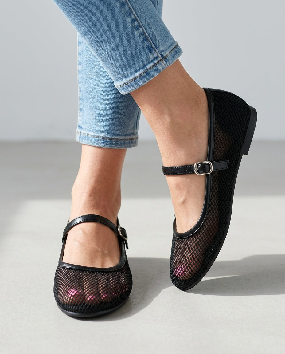 Renata | Round Toe Buckle Strap Mesh Ballet Flats