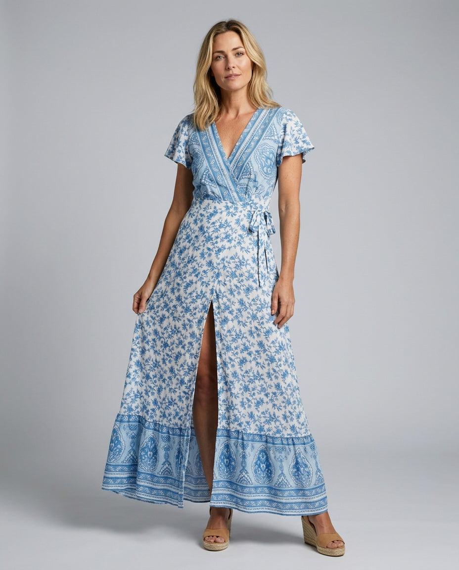 Daniela | Flutter Sleeve Tiered Wrap Maxi Dress