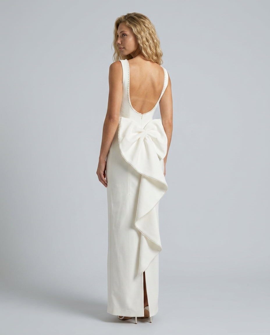 Leonora | Pearl Trim Detachable Bow Column Midi Dress