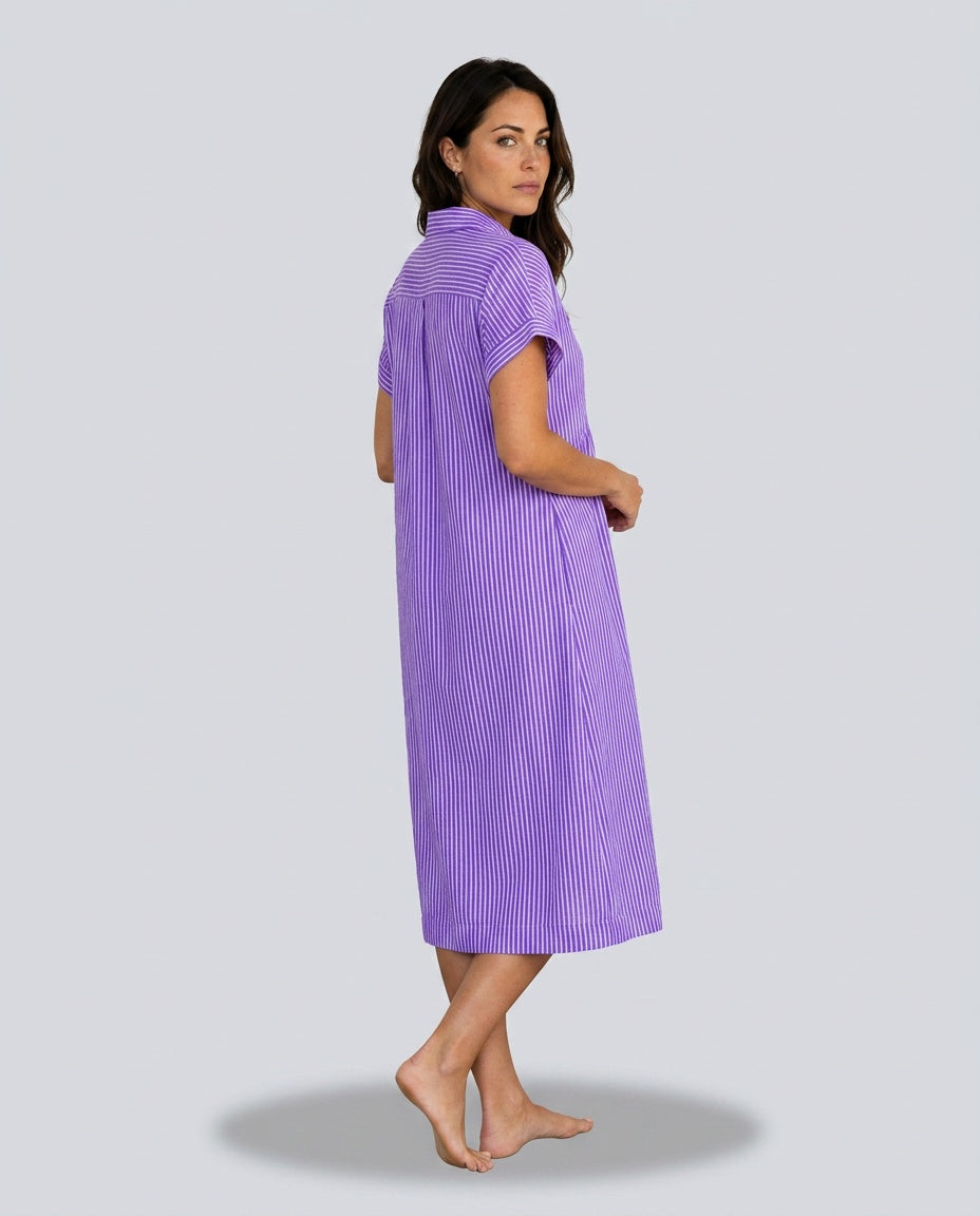 Saffron | Striped Button-Front Short Sleeve Midi Dress