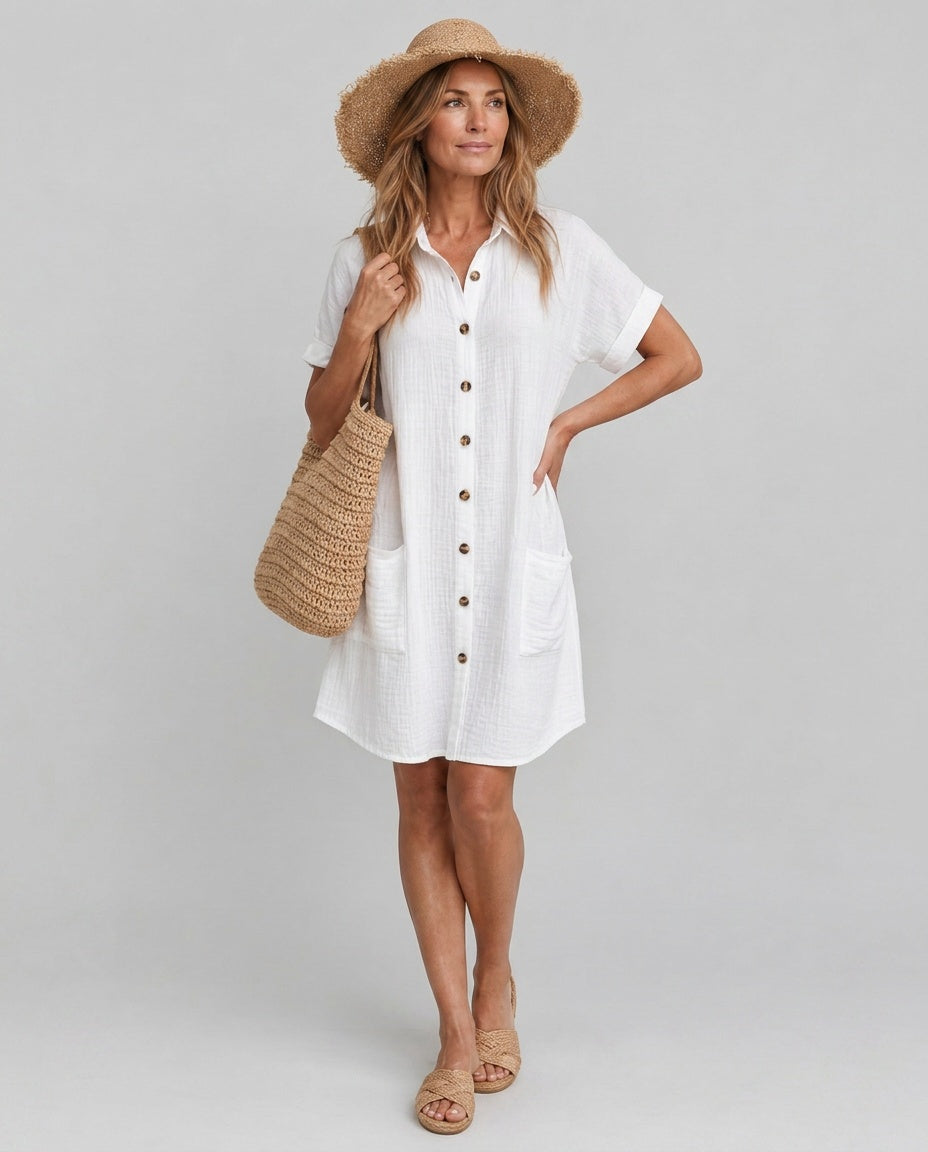 Mia | Short Sleeve Pocket Knee Length Midi Dress