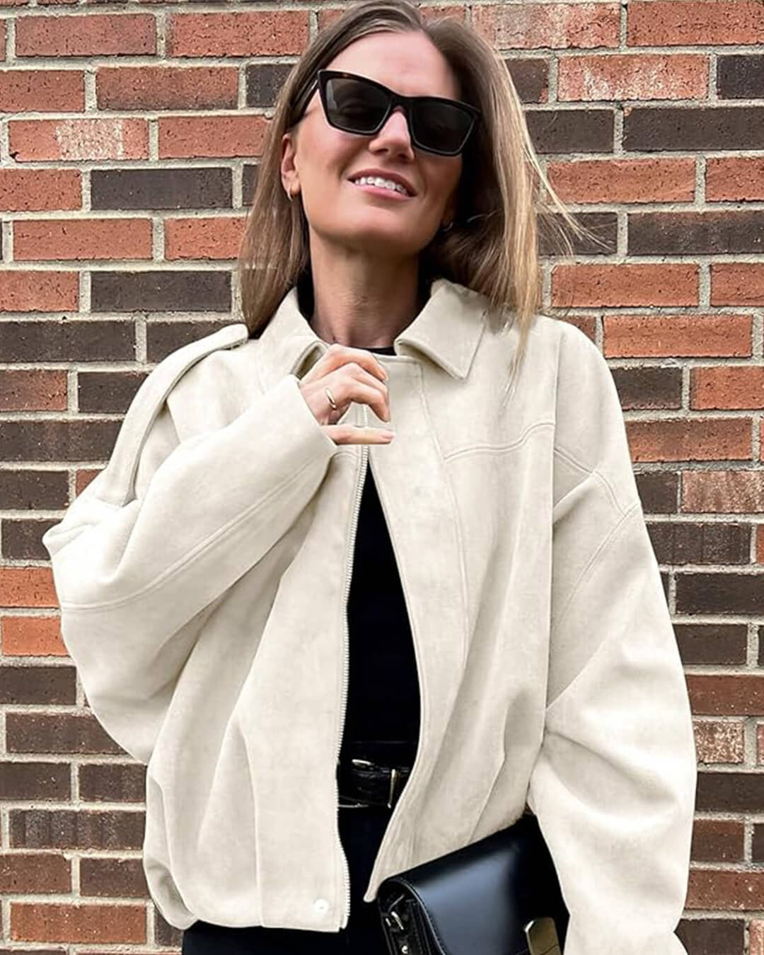 Quinn | Long Sleeve Faux Suede Bomber Jacket