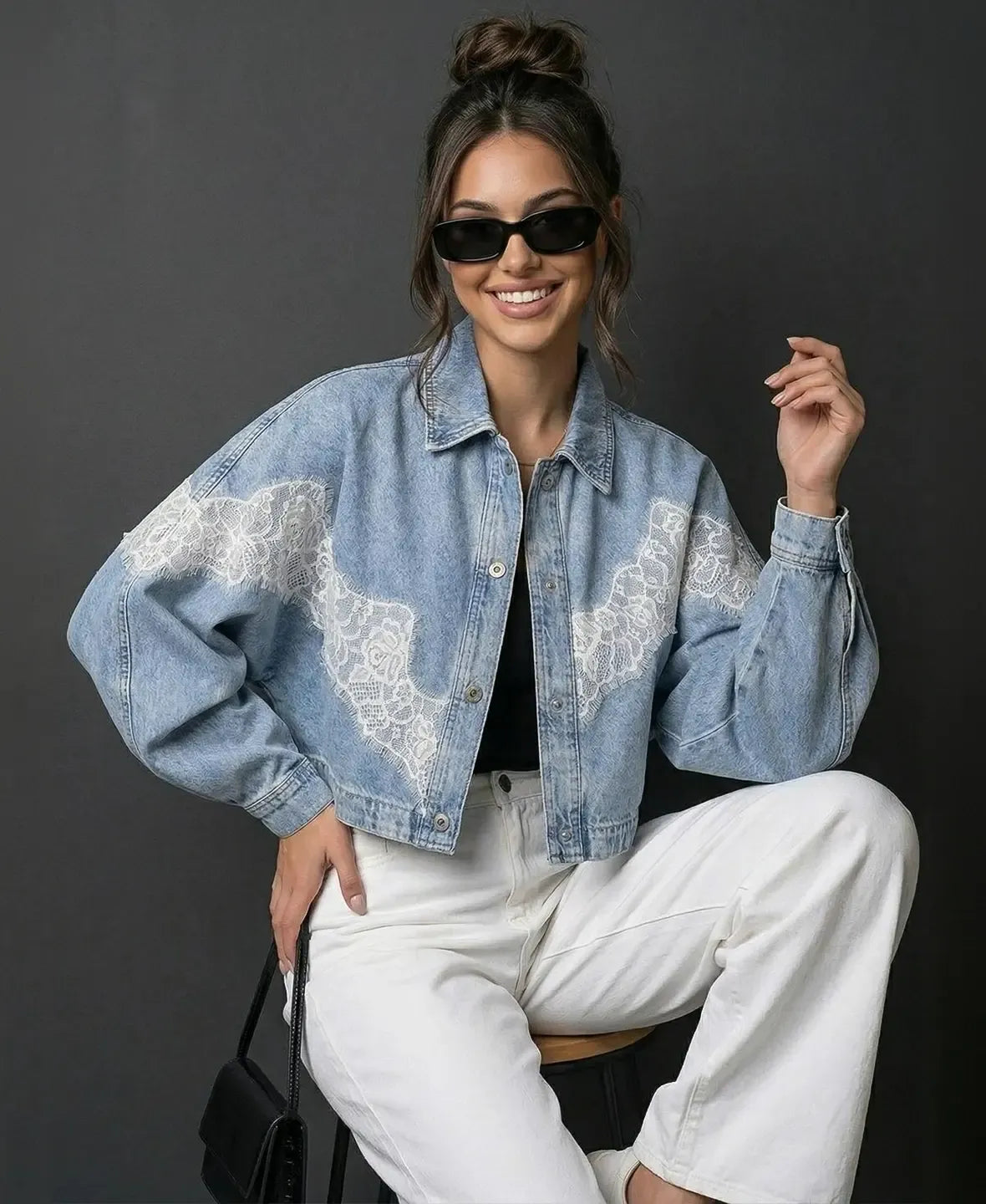 Evren | Long Sleeve Lace Detail Denim Jacket