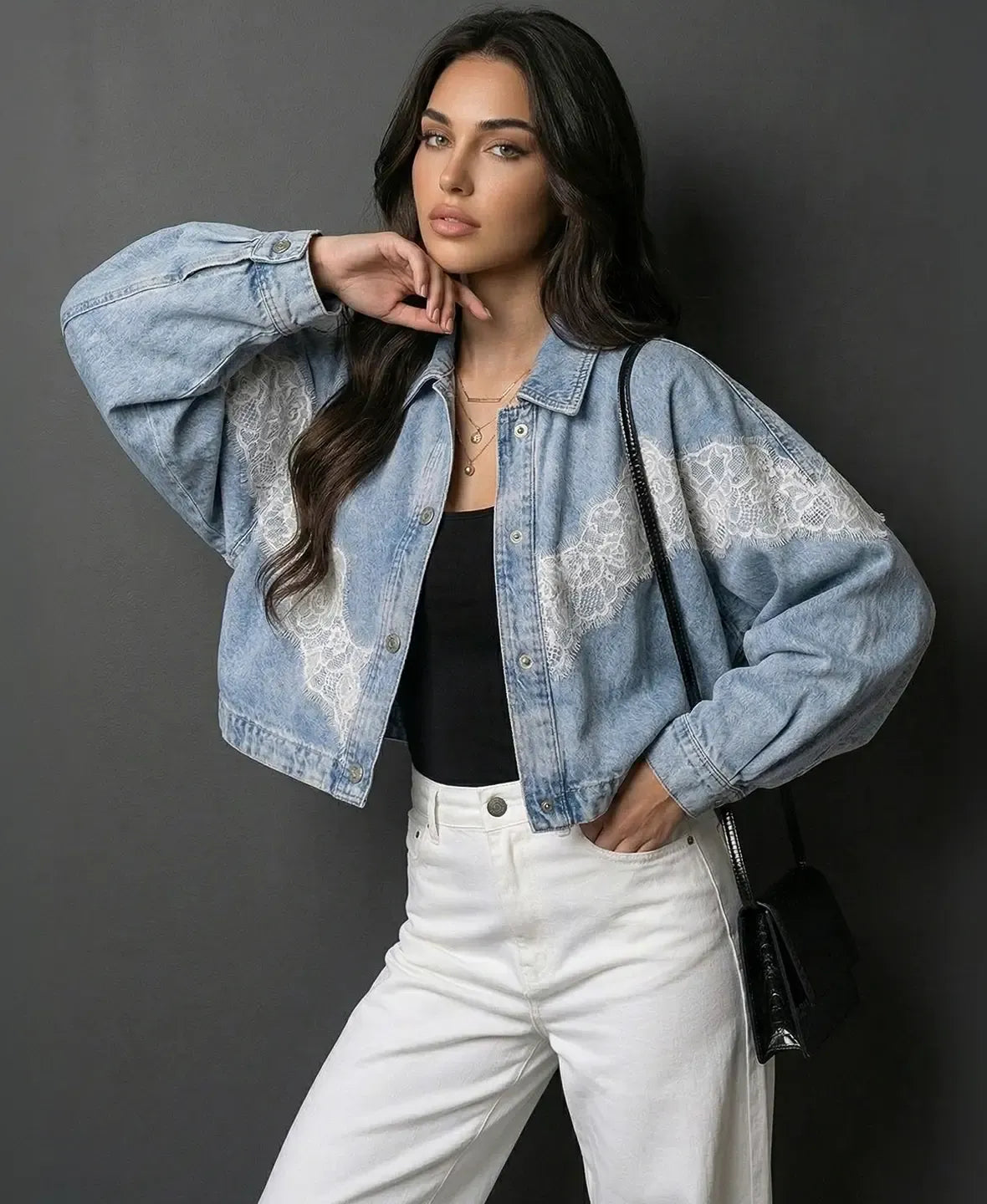 Evren | Long Sleeve Lace Detail Denim Jacket