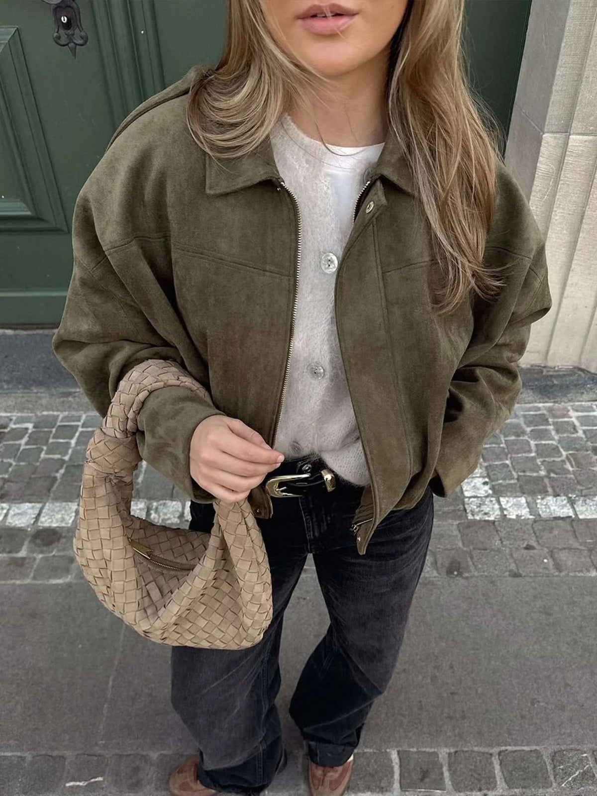 Quinn | Long Sleeve Faux Suede Bomber Jacket