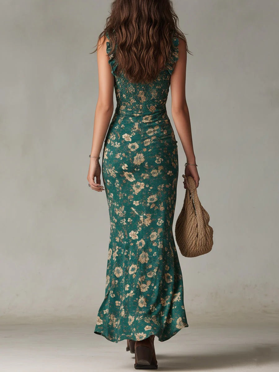 Belen | Boho Floral Ruched Side Slit Maxi Dress