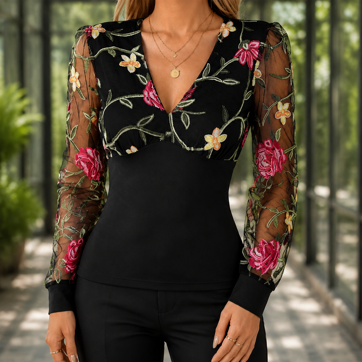 Freya | Floral Embroidered Mesh Deep V Long Sleeve Blouse