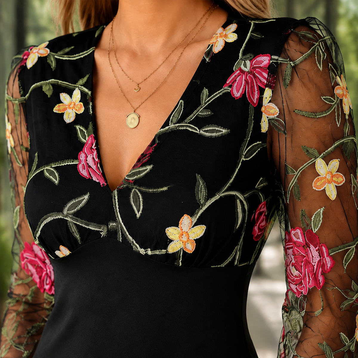 Freya | Floral Embroidered Mesh Deep V Long Sleeve Blouse