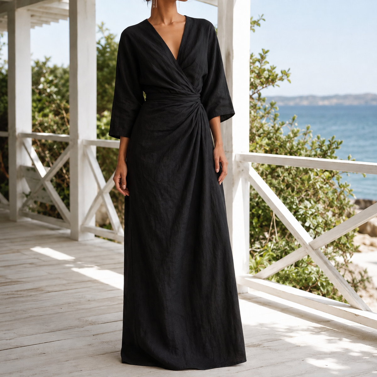 Pia | 3/4 Sleeve V-Neck Wrap Maxi Dress
