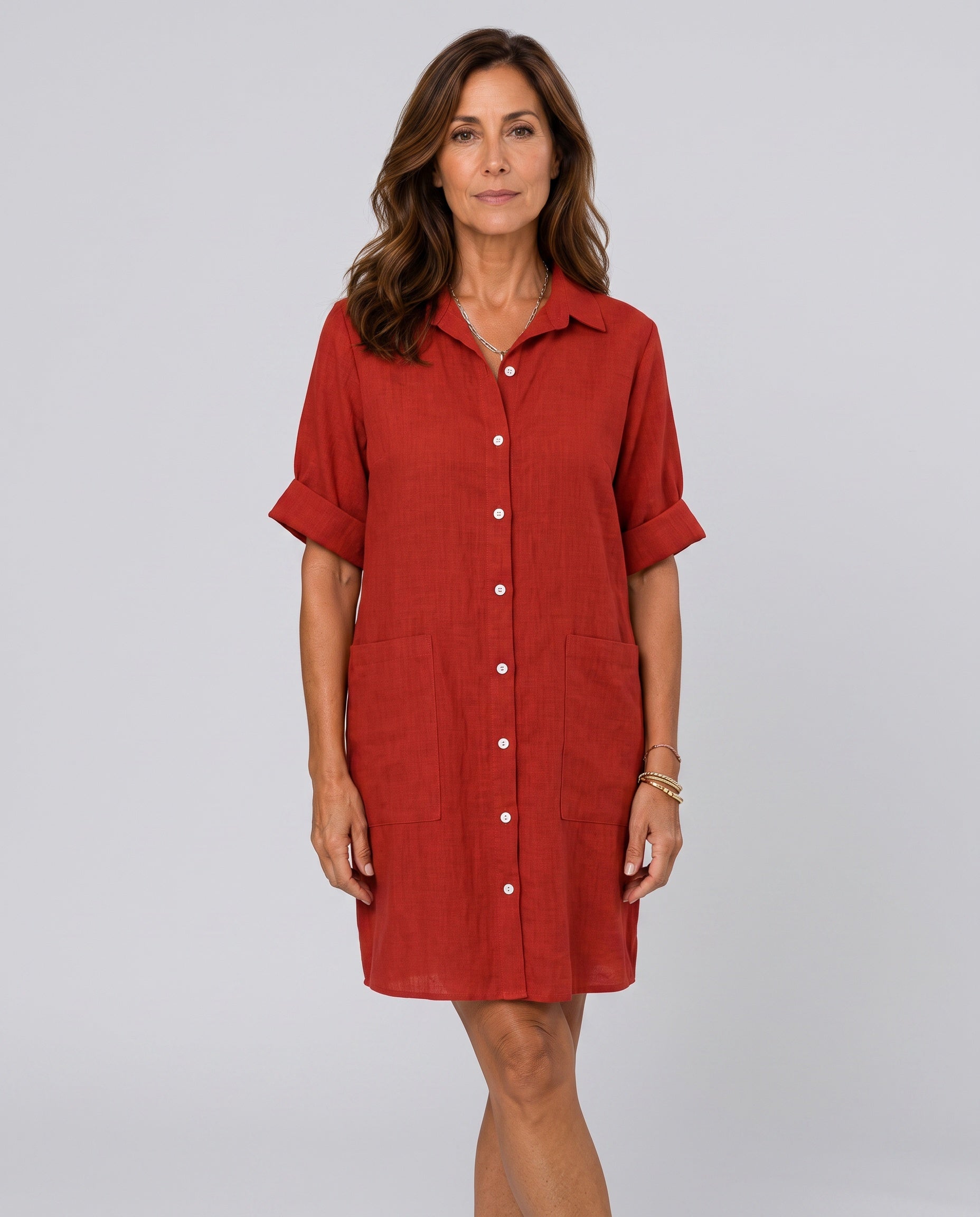 Leticia | Button Front Midi Shirt Dress with Pockets
