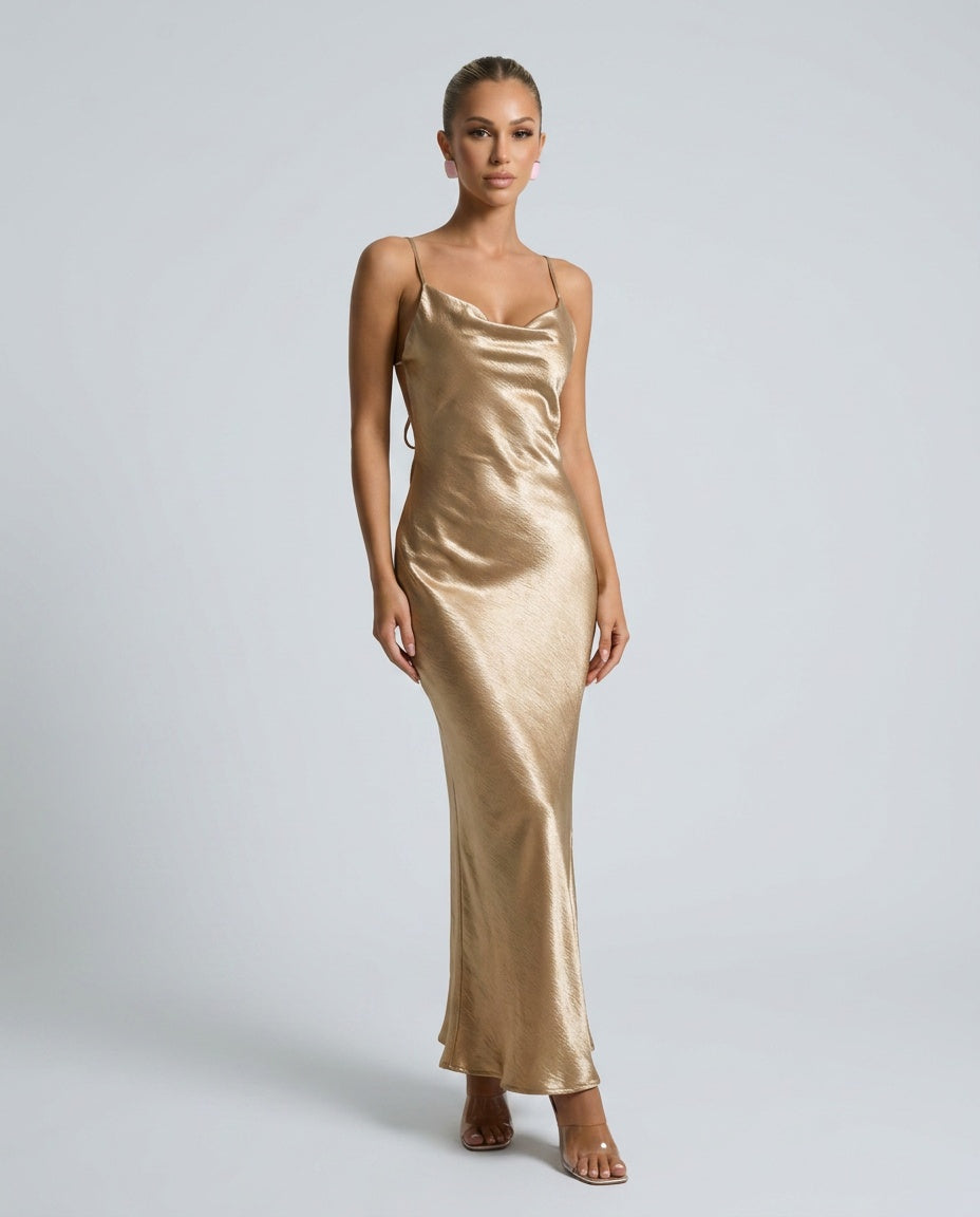 Nora | Backless Satin-Look Gold Maxi Dress