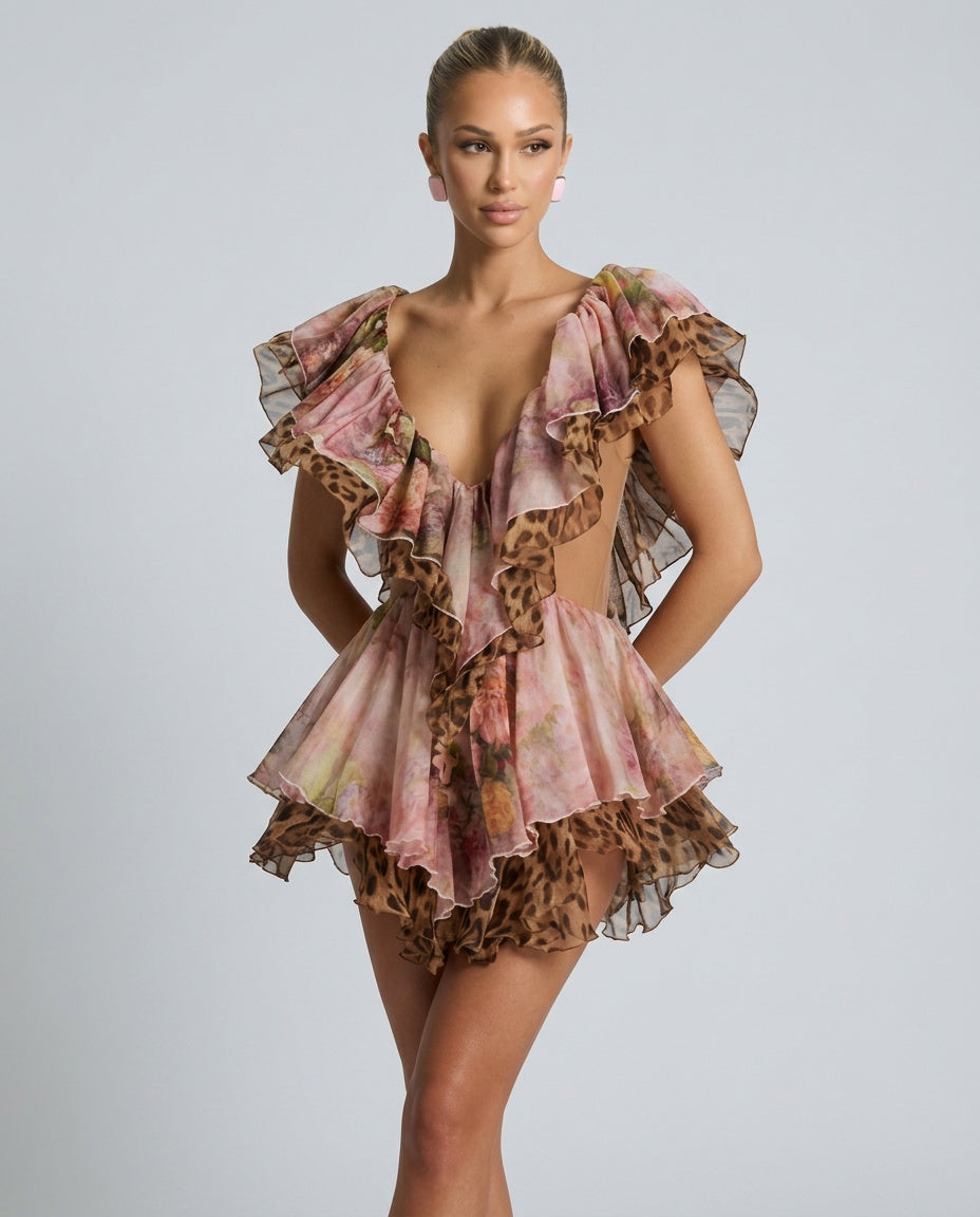 Women's Leopard Print Cut-Out Frill Mini Dress