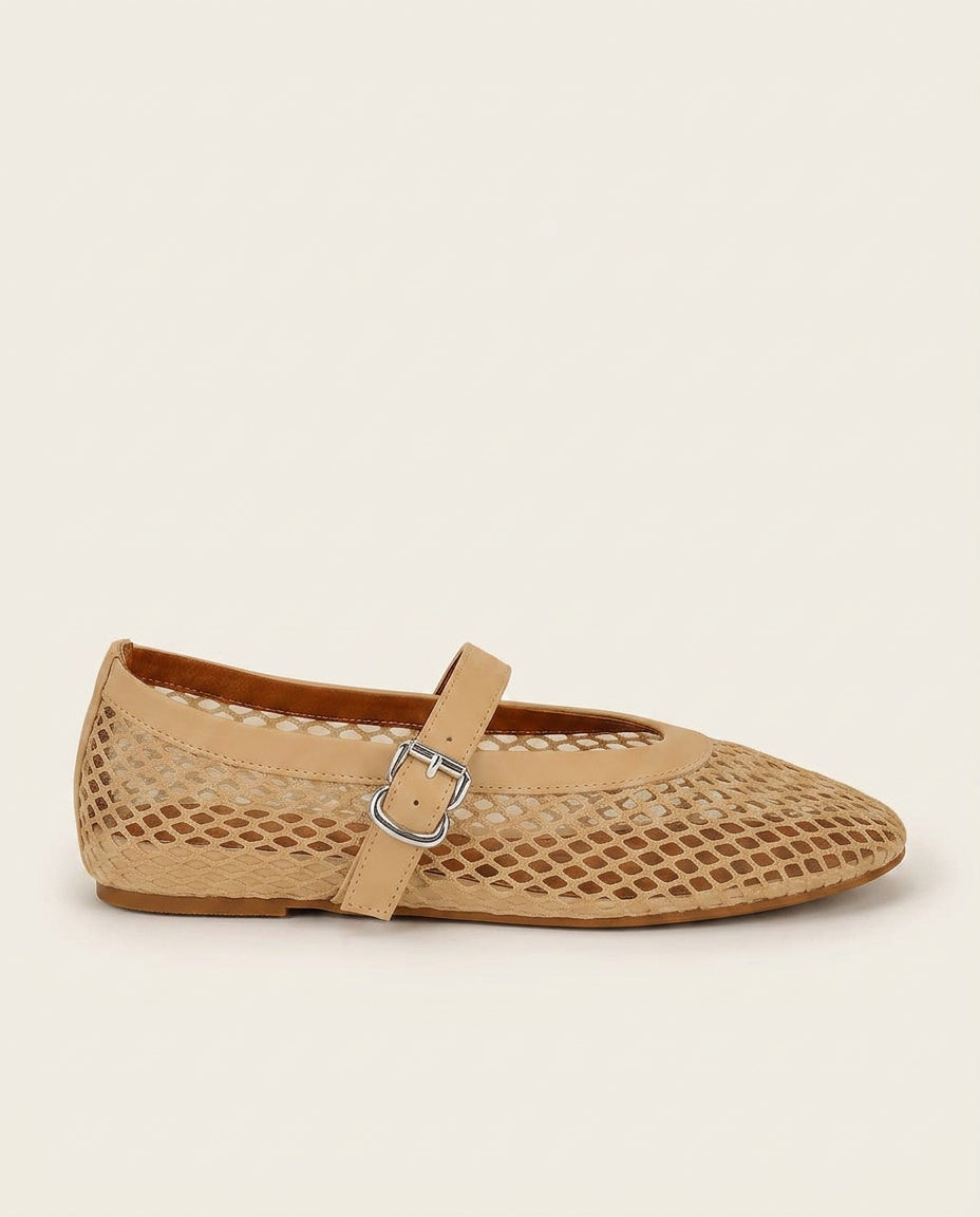 Renata | Round Toe Buckle Strap Mesh Ballet Flats
