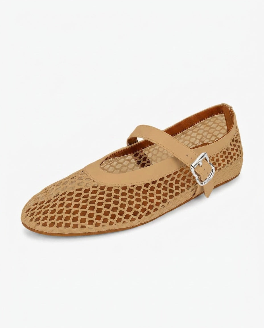 Renata | Round Toe Buckle Strap Mesh Ballet Flats