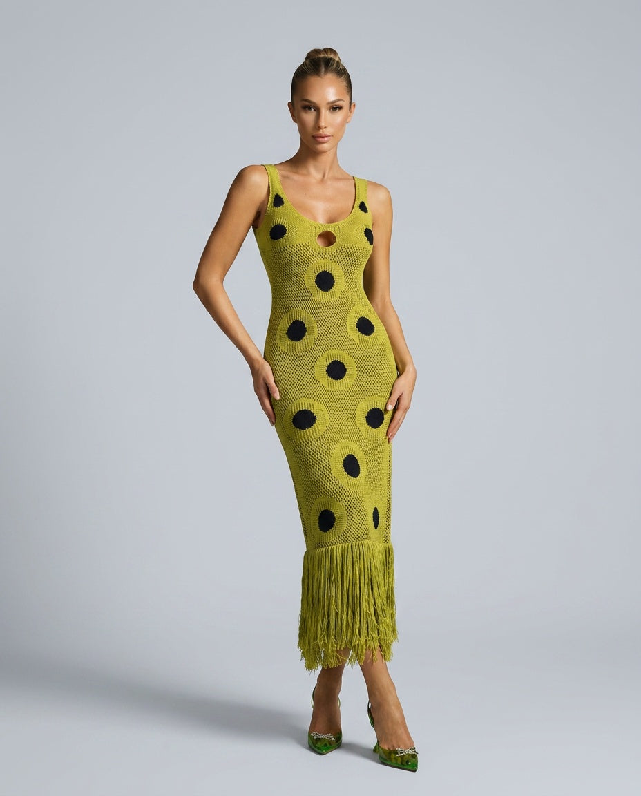Everly | Polka Dot Fringe Knitted Midi Dress