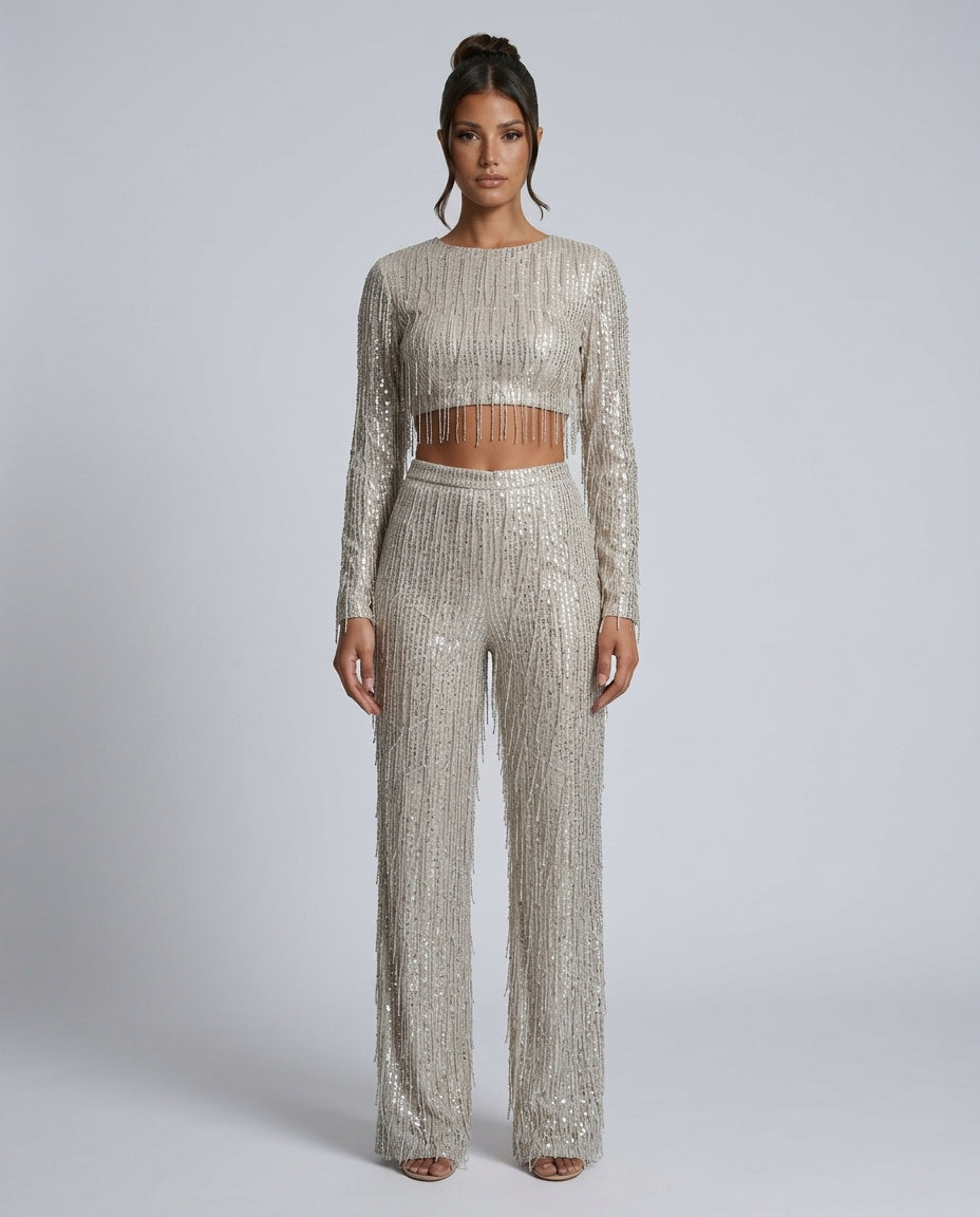 Ada | Sequin Fringe Long Sleeve Crop Top & Wide-Leg Pants Co-ord Set