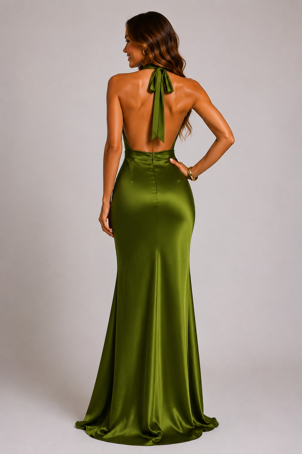 Adriana | Plunge Halterneck Satin-Look Mermaid Maxi Dress