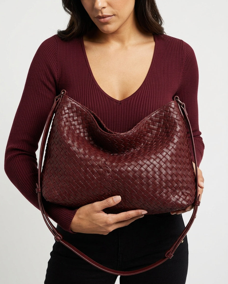 Woven Vegan Leather Structured Tote Bag