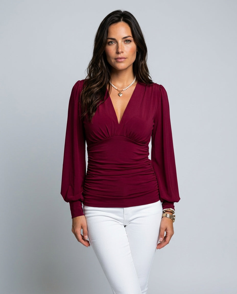 Alejandra | Deep V-Neck Ruched Long Sleeve Blouse