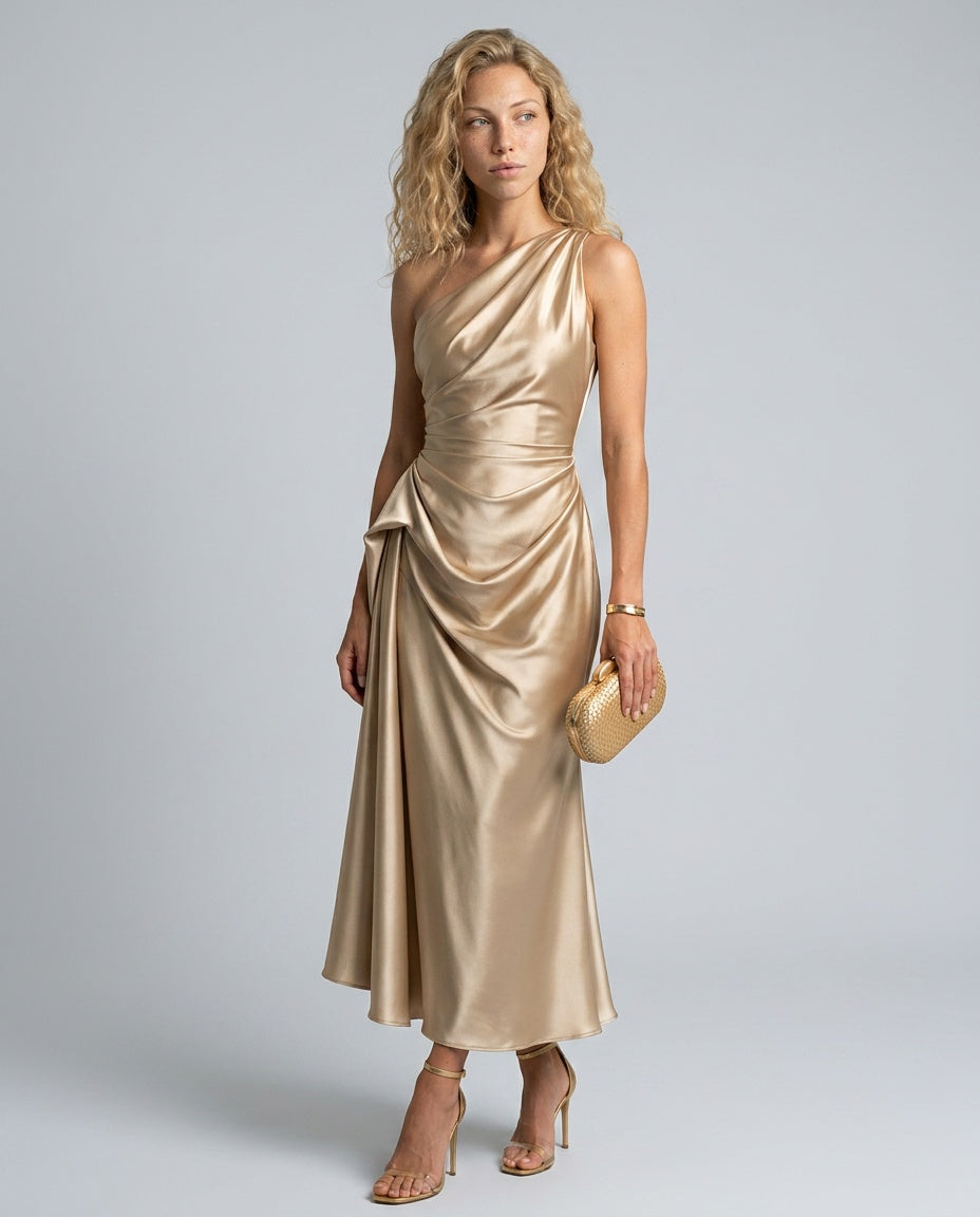 Seraphina | One-Shoulder Draped Satin-Look Midi Dress
