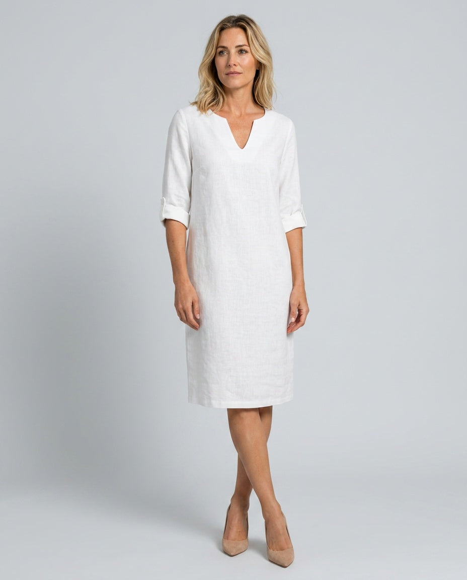 Celeste | V-Neck 3/4 Sleeve Linen-Look Midi Dress
