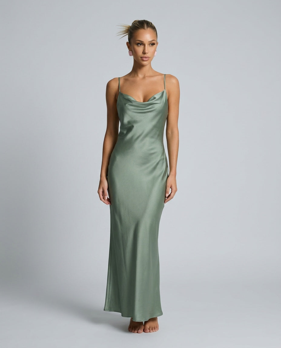 Ines | Waterfall Neckline Satin-Look Maxi Dress