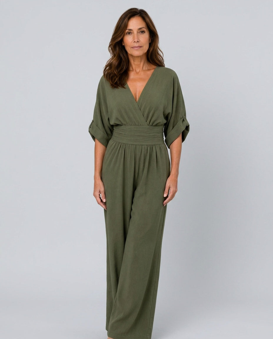 Elin | Draped V-Neck Wide Leg Relaxed Jumpsuit