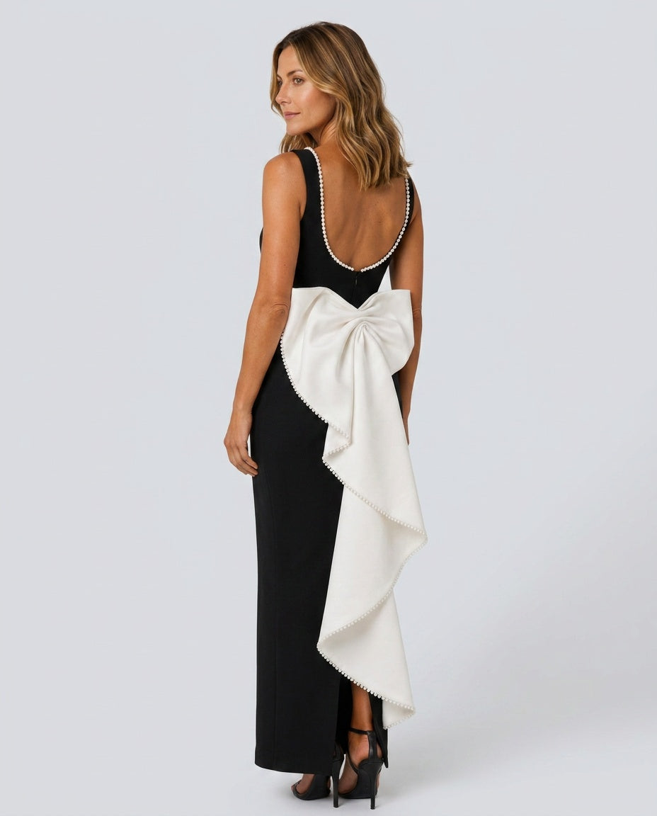 Leonora | Pearl Trim Detachable Bow Column Midi Dress
