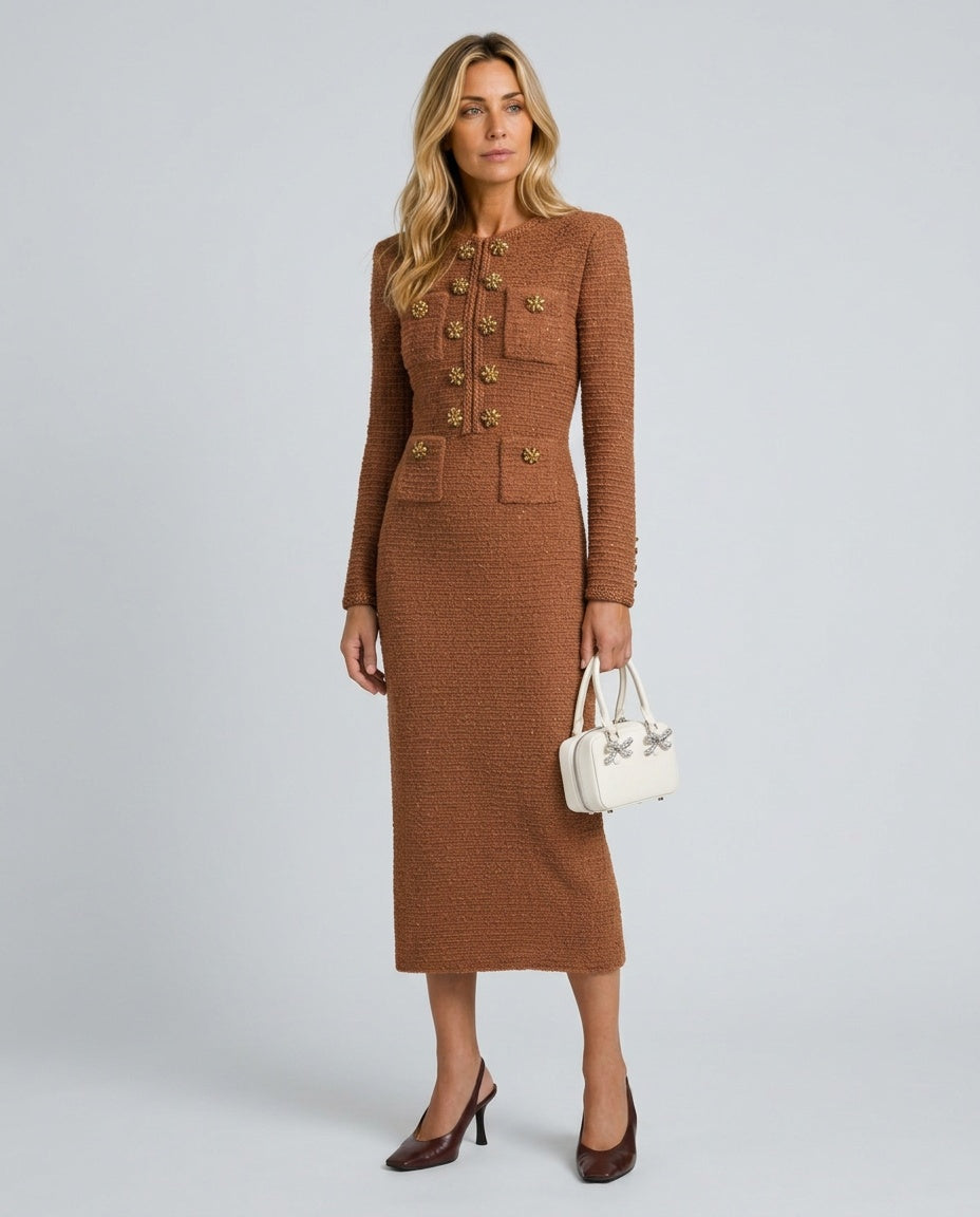 Tamsin | Button-Front Textured Knit Midi Dress