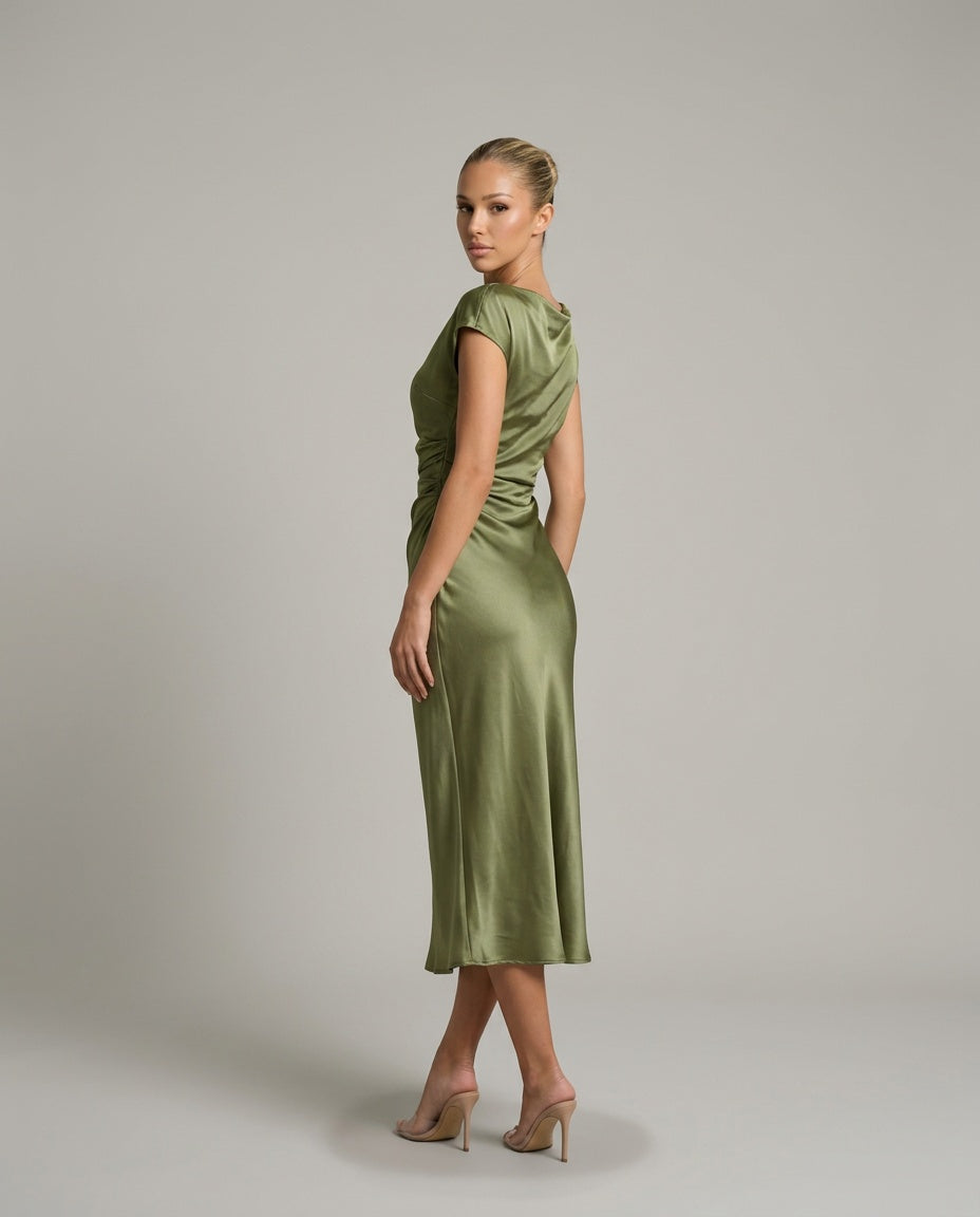 Nora | Short Sleeve Boat Neck Fitted Midi Dress