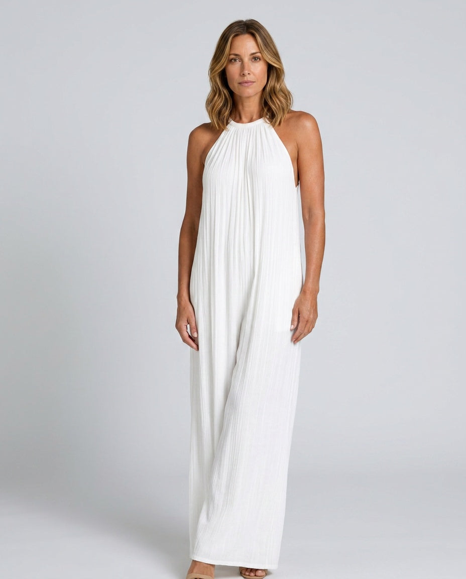 Sylvara | Pleated Halter Neck Wide Leg Jumpsuit
