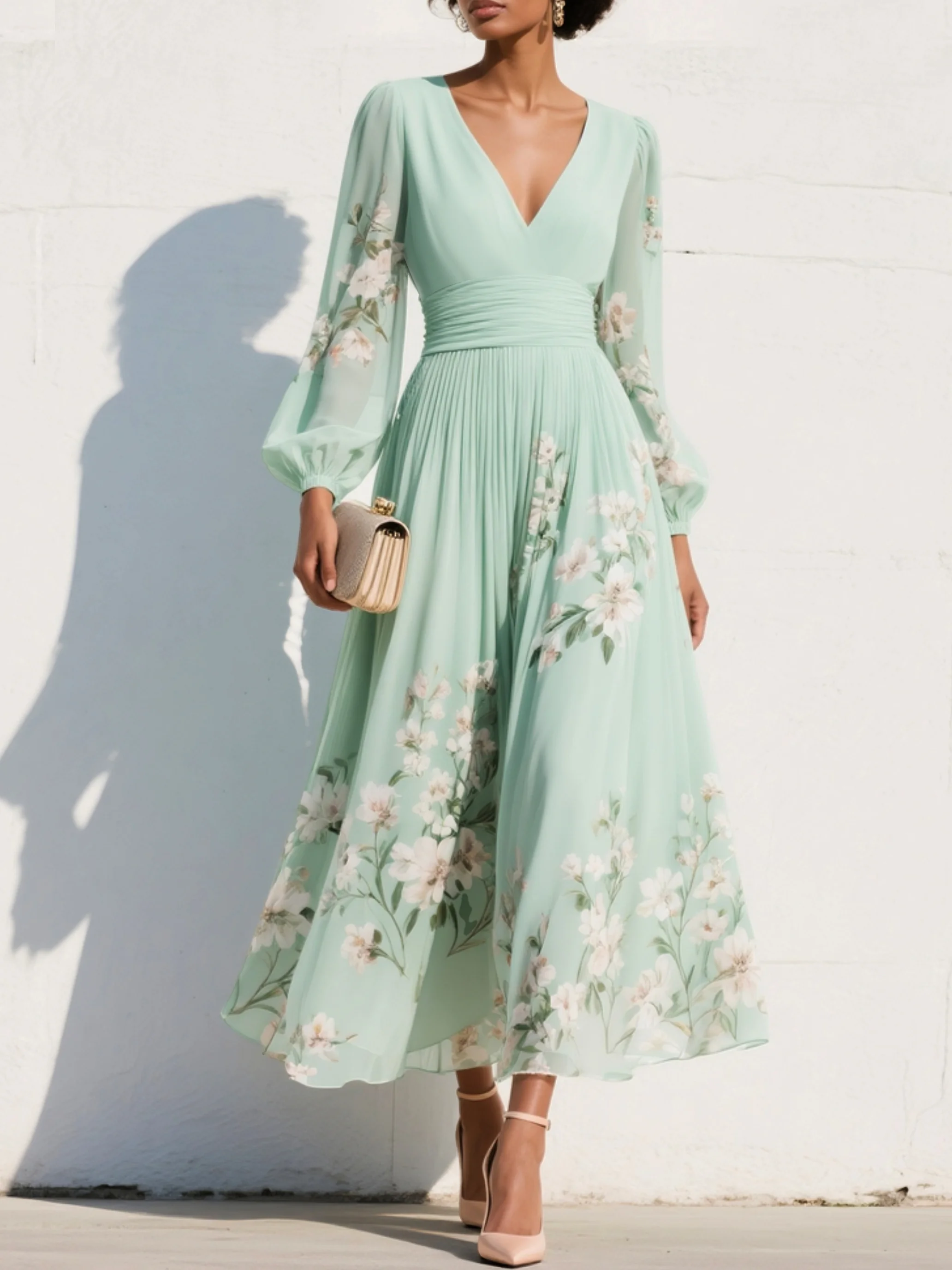 Soraya | Floral Print Deep V-Neck Midi Dress