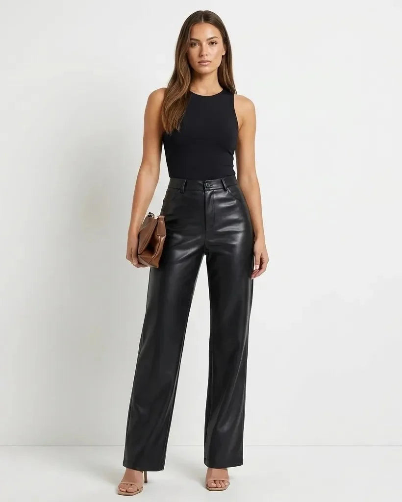 Ava | High Waist Straight Leg Faux Leather Trousers