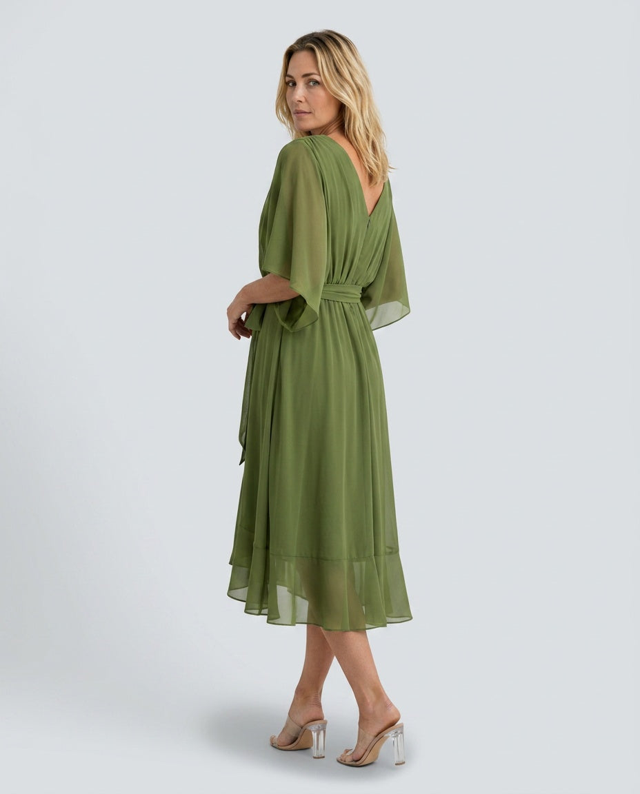 Delphine | V-Neck Draped Waist Tie Midi Dress