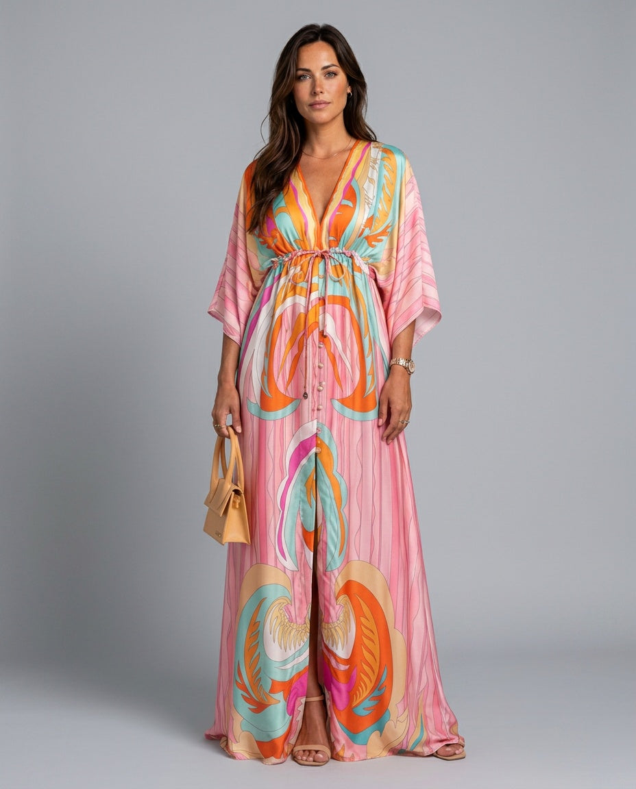 Marlowe | Drawstring Waist Boho Printed Maxi Dress