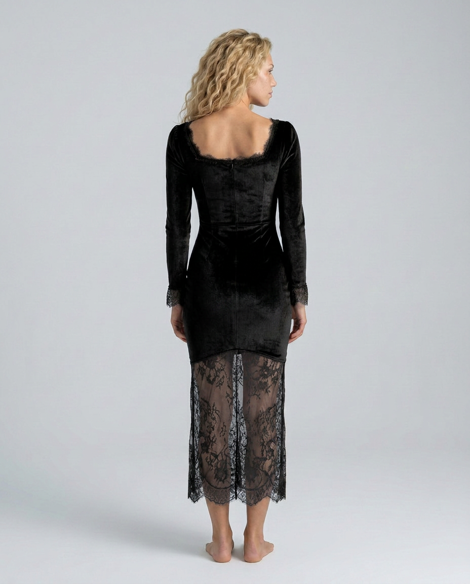 Bertha | Velvet Lace-Trim Long Sleeve Midi Dress