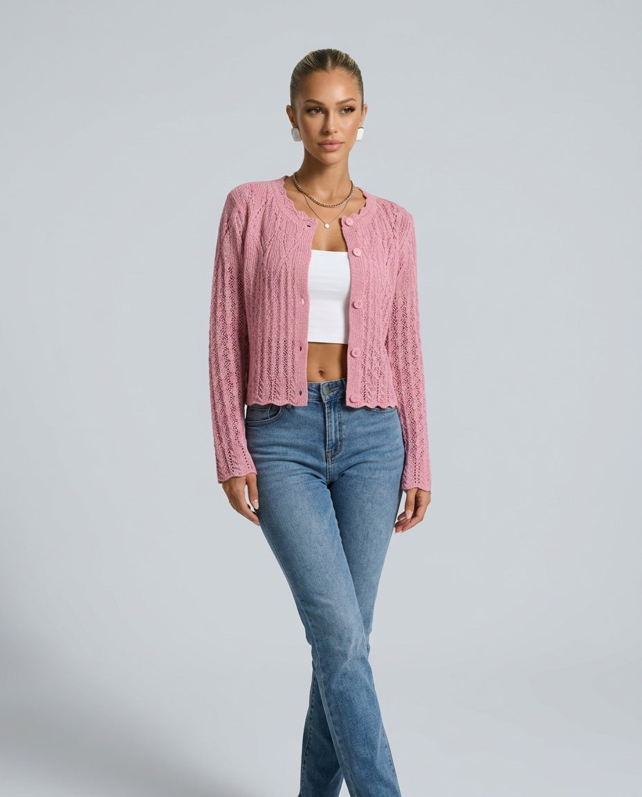 Ellie | Cropped Openwork Knit Button Cardigan