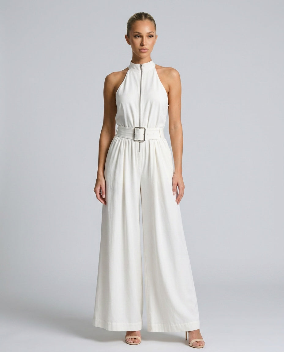 Stellara | Belted High Neck Sleeveless Wide Leg Jumpsuit