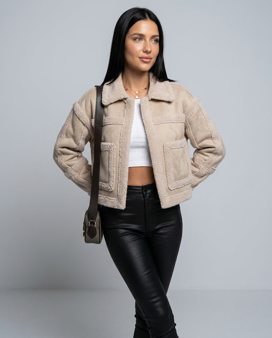 Noor | Cropped Geometric Panel Faux Fur Trim Jacket