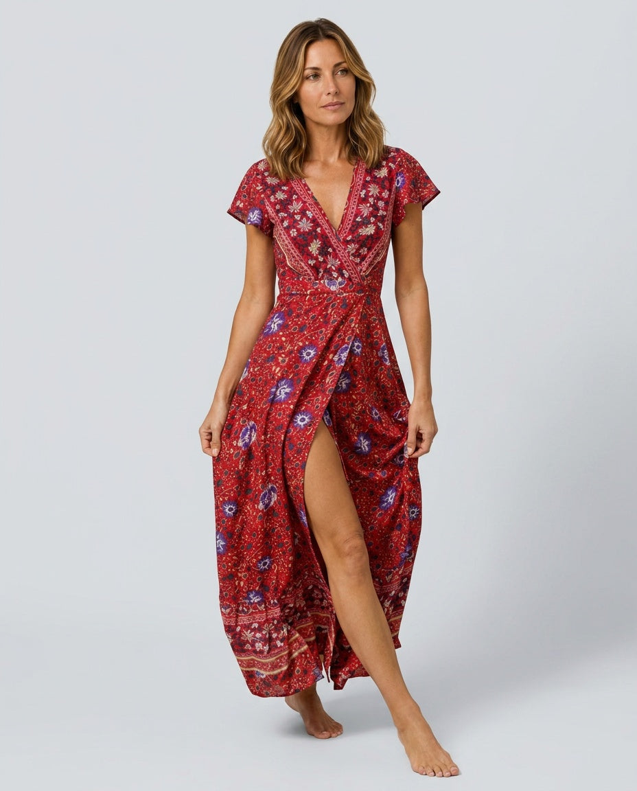 Daniela | Flutter Sleeve Tiered Wrap Maxi Dress