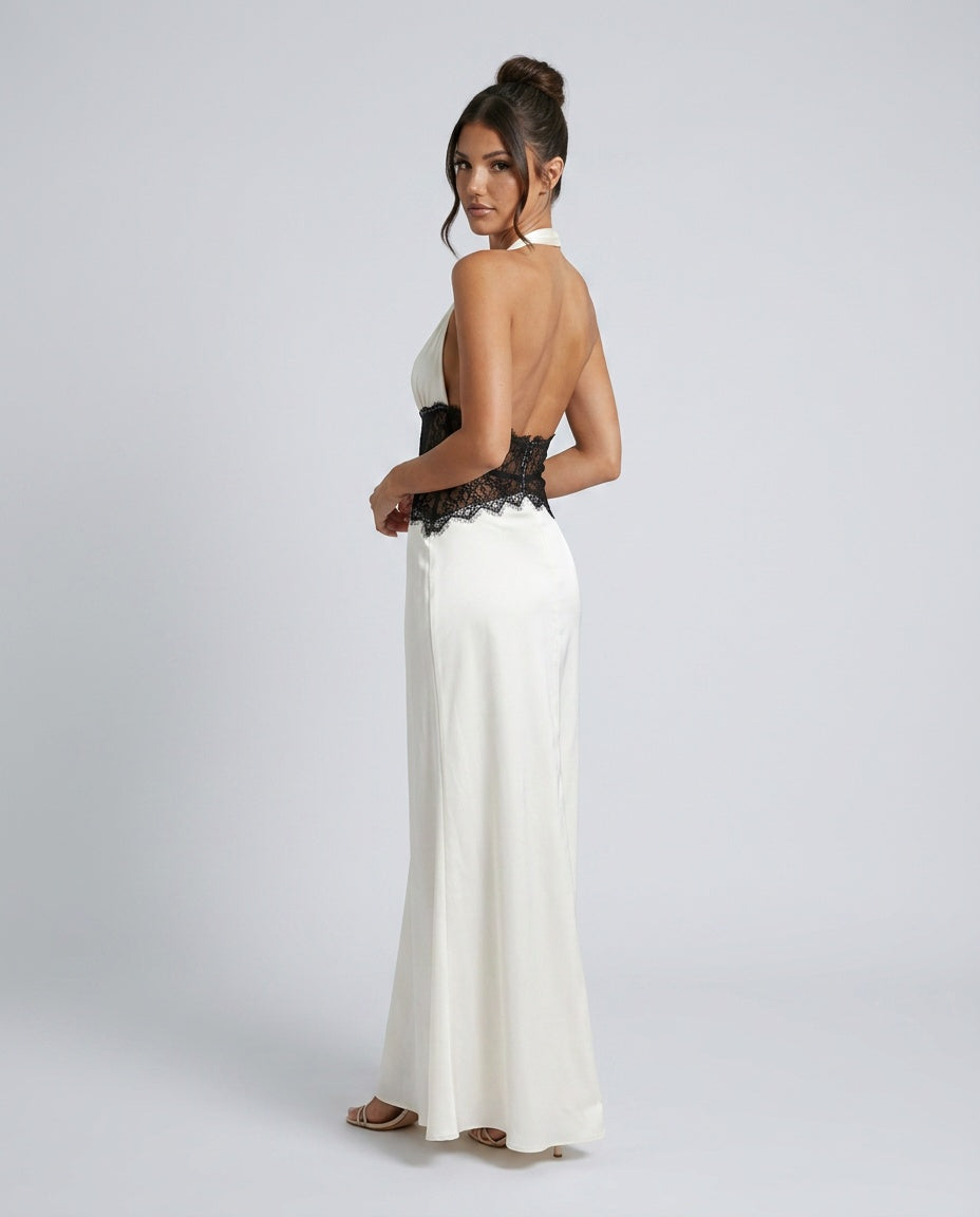 Stella | Halter Neck Lace Waist Satin-Look Maxi Dress