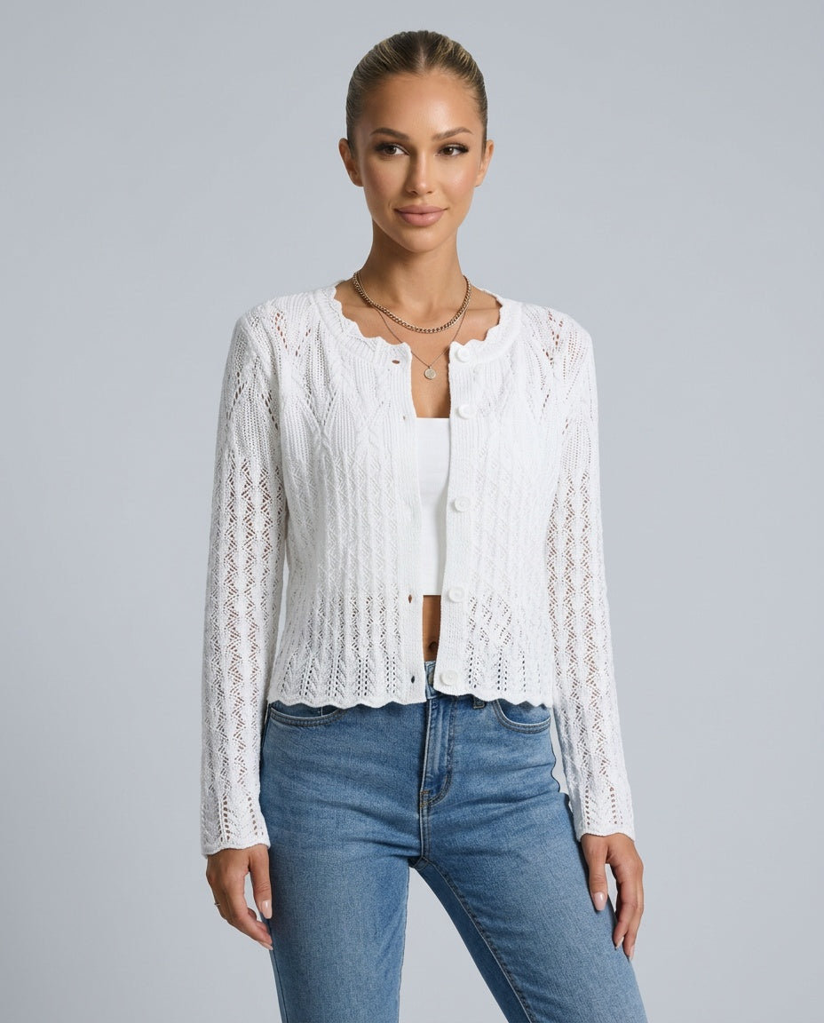 Ellie | Cropped Openwork Knit Button Cardigan