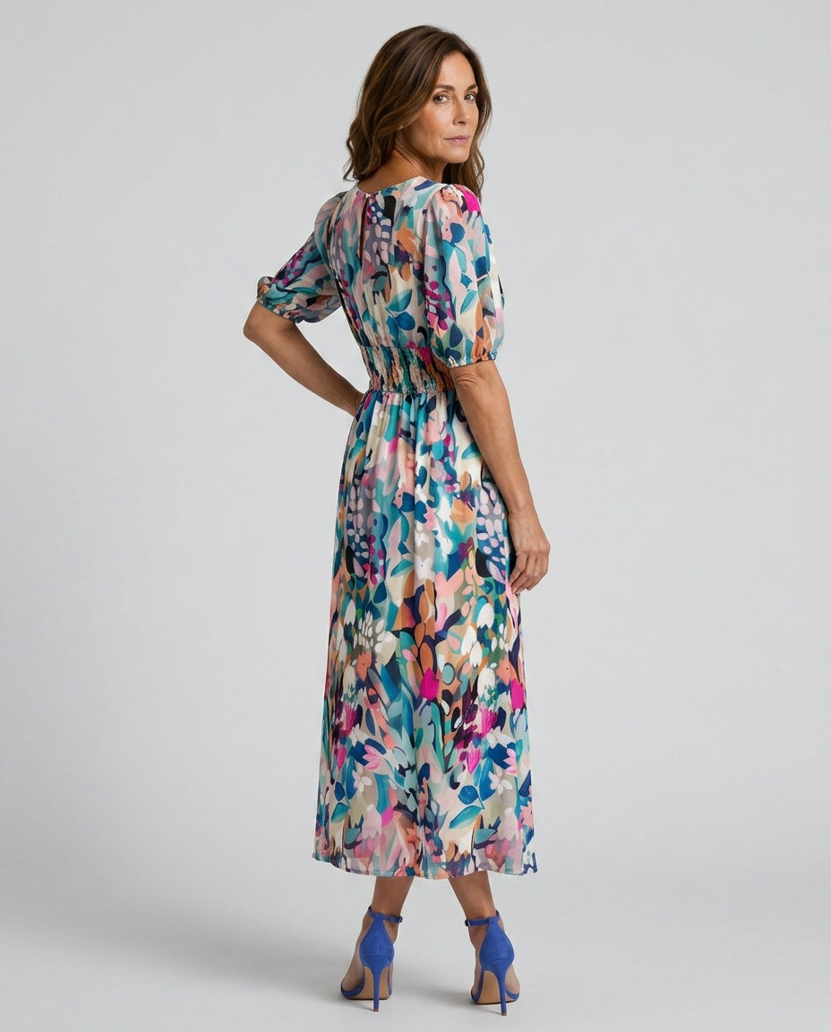 Coralie | Puff Sleeve V-Neck Abstract Print Midi Dress