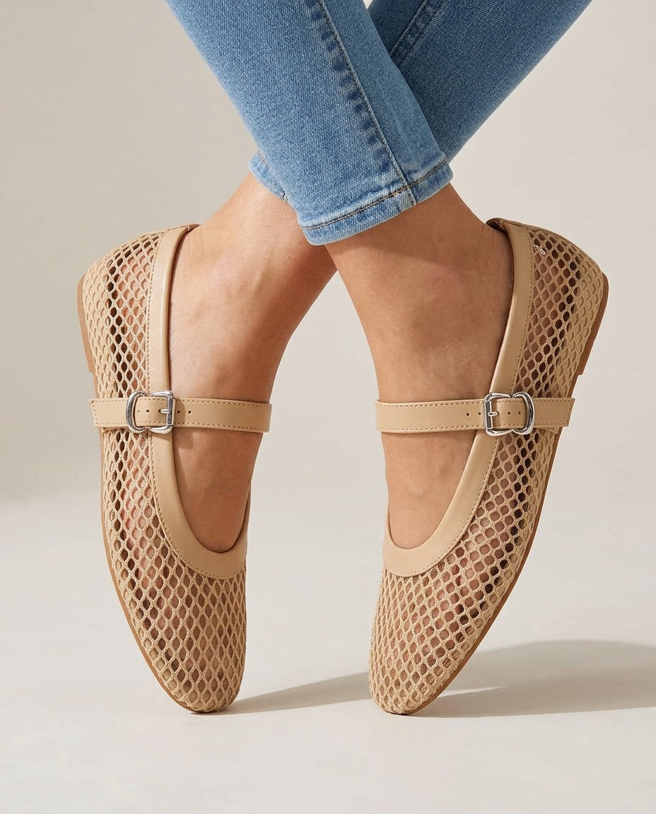 Renata | Round Toe Buckle Strap Mesh Ballet Flats